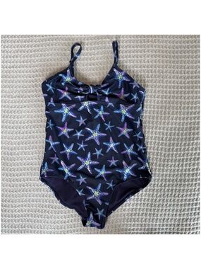 Lands End One Piece Swimsuit Kids Girls Large 10-12 Navy Blue Starfish Ocean